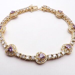 Elegant 925 Sterling Silver White/Purple Cubic Zirconia Heart Bracelet 7.5 L.
